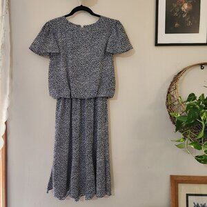 REO Originals Vintage 80s ILGWU Navy & White Dalmatian Dot Print Midi Dress